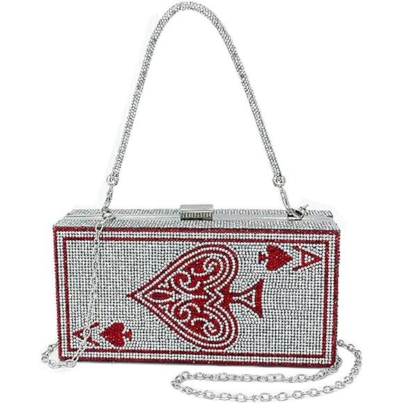 Diamond Sliver Crystal Evening Bag Rhinestone Bling Money Purses Poker Card - Picture 7 of 7